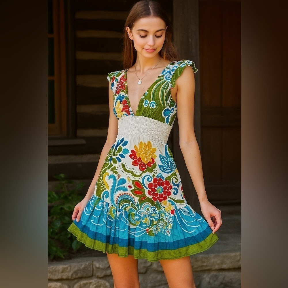 Vintage Y2K Tiered ruffle Original midi Dress boho cottagecore Hawaii resort L